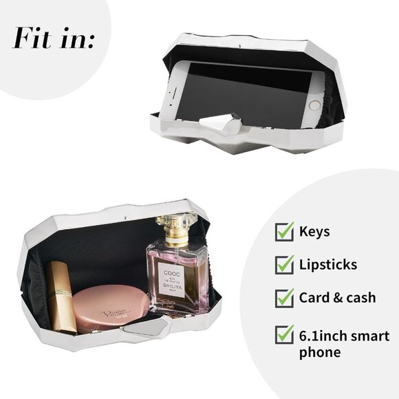 Women Silver Lattice Pattern Metal Evening Clutch Bag Geometric With Chain Strap